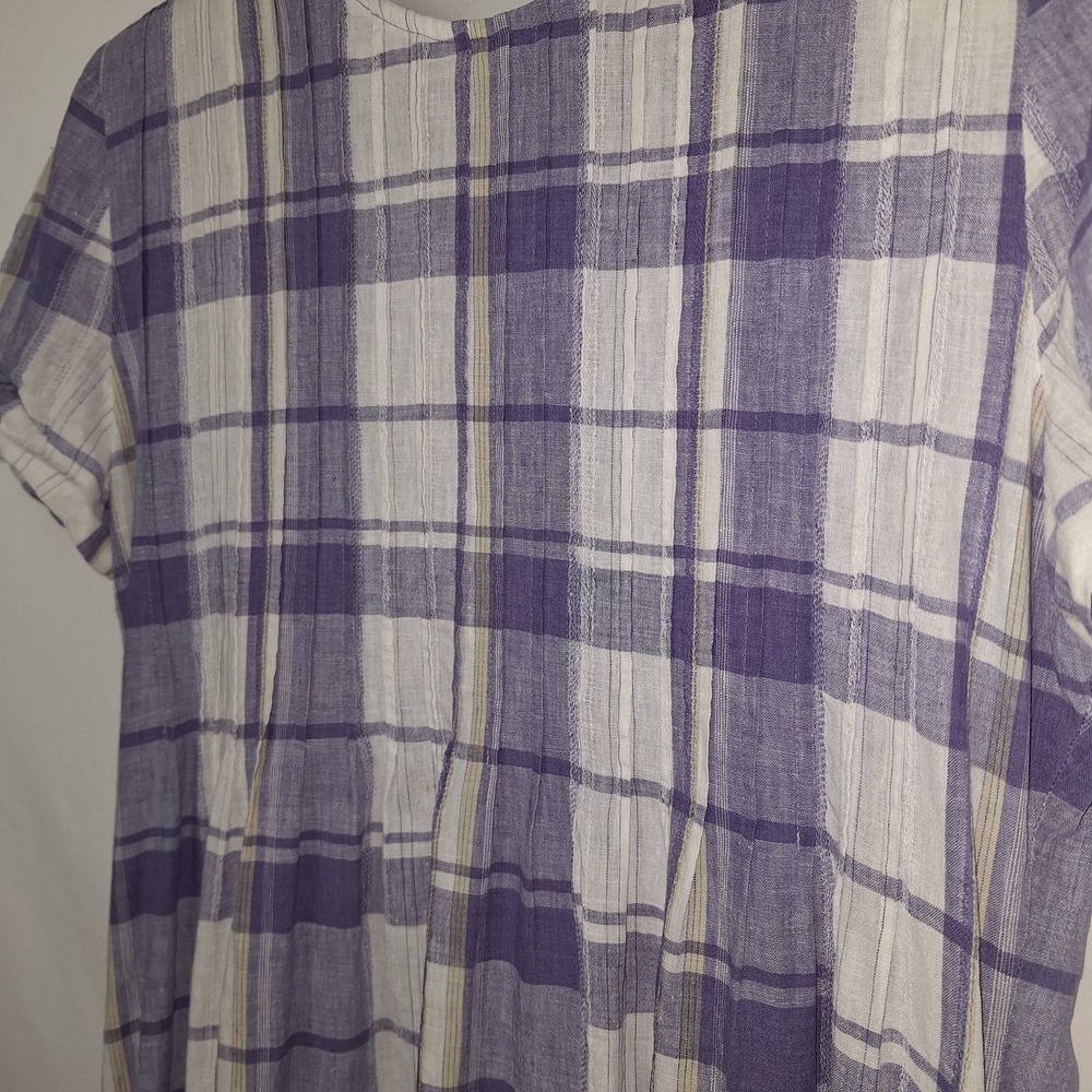 Vintage 90s Periwinkle White Plaid Linen Blend Dress 12 VTG Midi Cottagecore - Picture 8 of 16